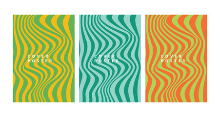 Obraz premium Set of three abstract wavy line pattern cover posters in green, yellow, and orange colors, perfect for modern graphic design projects, presentations, and creative backgrounds isolated on