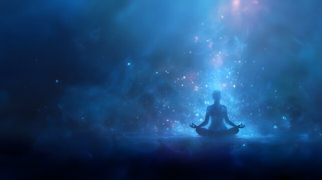 Silhouette of a person meditating in the lotus position amidst a cosmic galaxy with blue light.