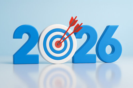 Achieving 2026 goals with target and arrows symbolizing success in the new year and future planning
