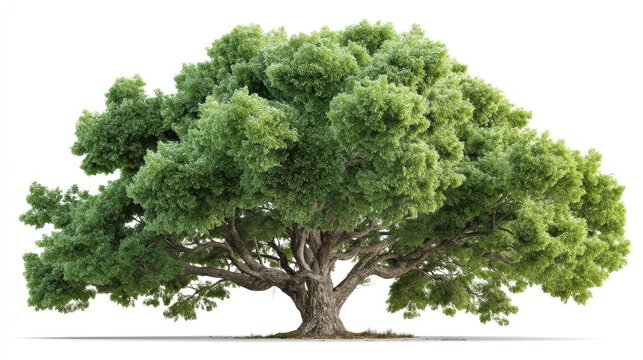 A large, lush green tree with a broad canopy and multiple thick branches stands isolated on a white background.