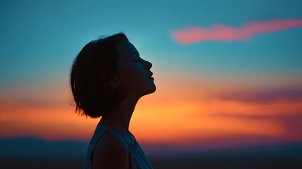 Silhouette of a young womans profile looking up at the colorful sunset sky with hope.