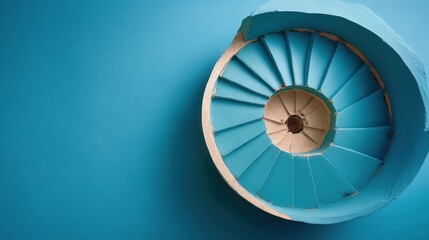 Obraz premium An abstract perspective of a bright blue spiral staircase against a textured wall, highlighting the geometric pattern and upward movement.