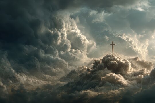 Wooden cross stands against dramatic cloudy sky, divine and powerful. Use it for religious concepts, faith, or as a symbolic background.