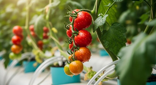 Ripe red tomatoes growing in a modern hydroponic greenhouse. Organic farming technology for sustainable agriculture and fresh produce.
