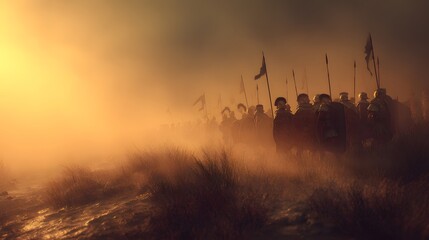 Silhouetted army of ancient warriors marching into battle at dawn.