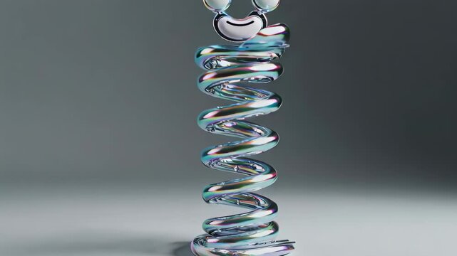 A shiny, iridescent, coiled sculpture with rounded ends