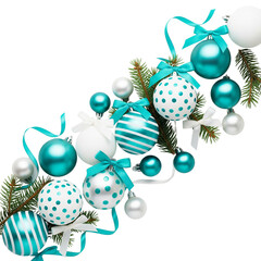 Festive teal and white christmas ornaments with pine sprigs