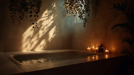 Warm candlelit spa bathroom with eucalyptus and relaxing steam ambience. Minimal spa bathroom with filled bathtub, warm candlelight reflexions, eucalyptus hanging above. Soft steam atmosphere, tranqui