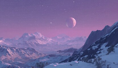 Dreamy landscape with snow covered mountains beneath a pink starry sky and moon