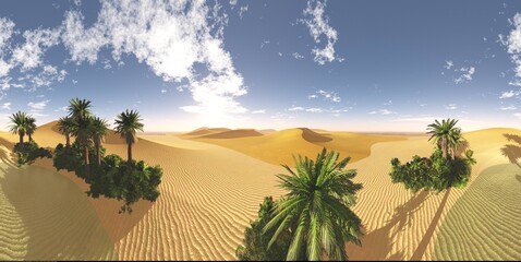 Oasis at sunset in a sandy desert, a panorama of the desert with palm trees,
3d rendering