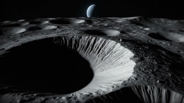 Lunar surface crater landscape with distant crescent moon and starry sky cinematic space exploration 4K Ai HD high quality video.
