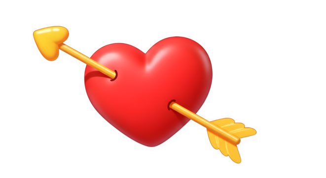 A vibrant red heart pierced by a golden arrow, isolated on transparent background, symbolizes love and affection, perfect for valentines day designs, romantic themes, and expressing heartfelt emotions