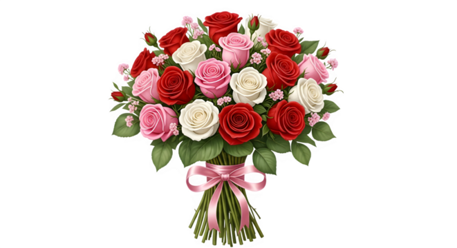 A beautiful bouquet of roses isolated on transparent background, featuring a mix of red, pink, and white blooms, tied together with a delicate pink ribbon, perfect for valentines day or a romantic gif