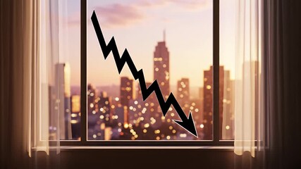Downward financial trend with jagged arrow over urban skyline at dusk illustrating market crash recession and economic crisis concept - Powered by Adobe