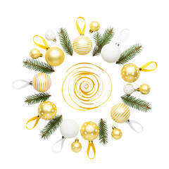Elegant gold and white christmas ornaments arranged in a wreath
