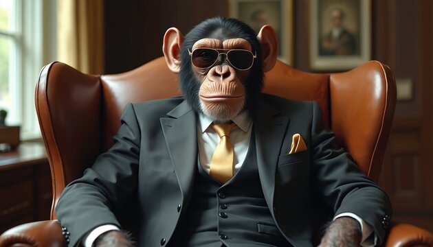 Chimpanzee wearing a suit and sunglasses sits in a leather chair. He looks serious and wealthy. This primate represents success and leadership in modern business world.