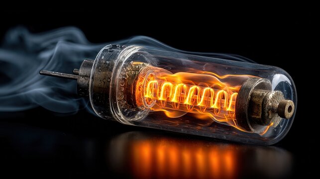 Glowing vacuum tube with a orange, burning filament and smoky background. Ideal for illustrating electronics, vintage technology, or science concepts.