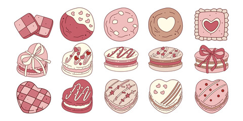 A vector collection of pink and beige Valentine's Day cookies and heart-shaped macarons, decorated with icing and sprinkles.
