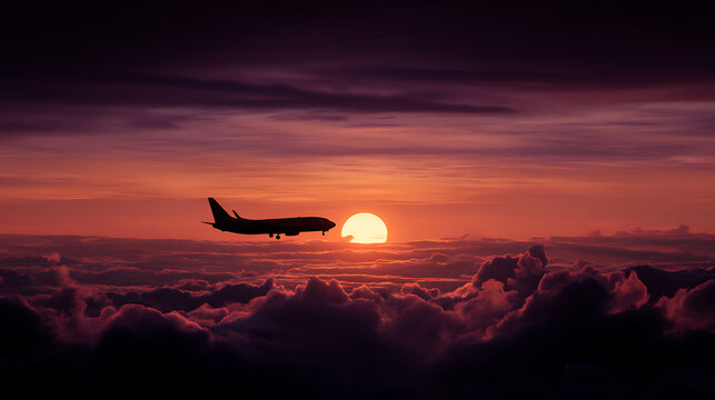 Airplane silhouette flying through dramatic sunset clouds image