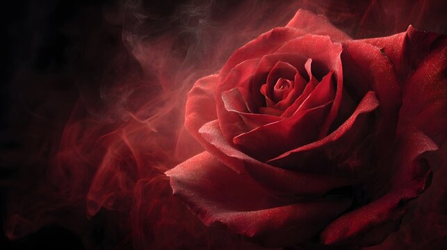 Single elegant red rose flower blooming in a dark moody background. - Powered by Adobe
