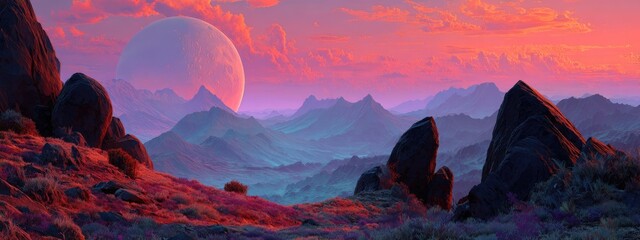 Scenic alien landscape with pastel sunset, rolling mountains, rocks, and a large planetoid