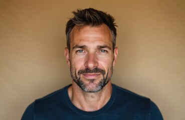 Obraz premium Middle-aged man with beard and mustache looks seriously at camera. Calm unshaven caucasian male indoors against plain background. Confident adult person with grey hair.