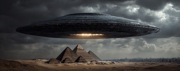 UFO hovers above pyramids in Egypt under a dramatic, cloudy sky