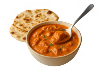 Chicken tikka masala curry in bowl with spoon and naan bread, traditional indian cuisine, transparent background