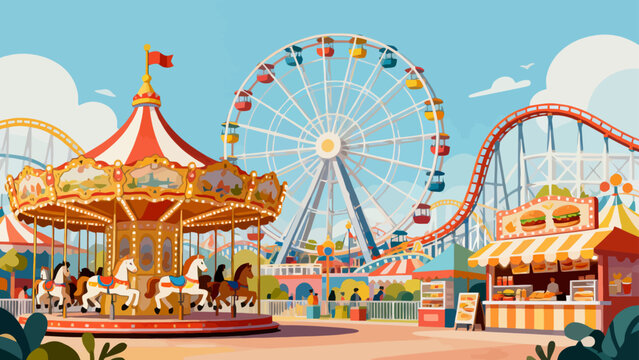 A colorful amusement park illustration features a carousel, Ferris wheel, and roller coaster, with people enjoying various attractions, creating a cheerful and nostalgic scene.