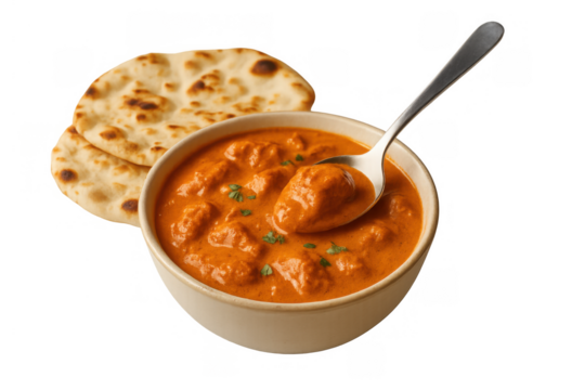 Chicken tikka masala curry in bowl with spoon and naan bread, traditional indian cuisine, transparent background