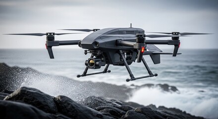 Black industrial drone with camera hovering over black rocky coast with splashing sea waves