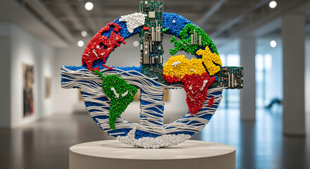 Artistic sculpture of a globe made from recycled electronic components