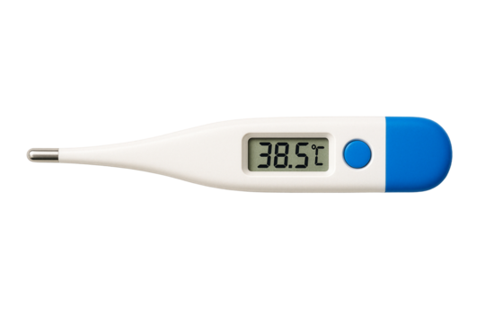 Digital medical thermometer showing fever temperature isolated on transparent background PNG