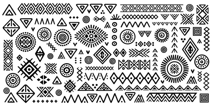 Set of primitive ethnic elements isolated on white background. Vector hand drawn geometric patterns in ethnic style.