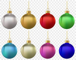 Vector set of 8 realistic New Year (Christmas) matte balls (decorations), different colors isolated.