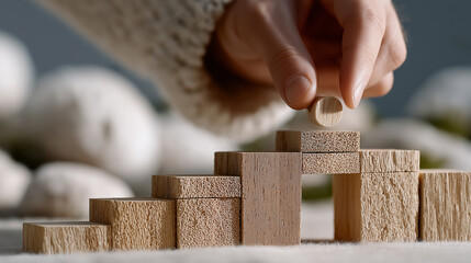 Detailed symbolic composition featuring human hand constructing small wooden bridge elements on neutral surface representing teamwork reliability relationship building and creative problem solving wit