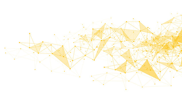 Yellow digital polygon network lines with connected nodes forming a flowing tech mesh, suitable for data themes, communication design, modern graphics, and futuristic concepts.