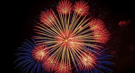 Bursting fireworks display illuminating the night sky with vibrant colors and intricate patterns