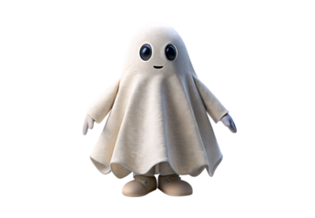 White fabric ghost character with cute expression, isolated on a transparent background