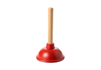 Red rubber plunger with wooden handle, isolated on a transparent background