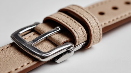 Detailed macro shot of a tan leather watch strap featuring a silver metal buckle and visible stitching, set against a clean white backdrop, highlighting texture and craftsmanship.