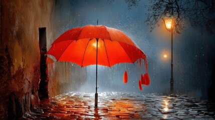 A vibrant red umbrella stands open on a wet cobblestone street at night, illuminated by a streetlamp and surrounded by falling rain.