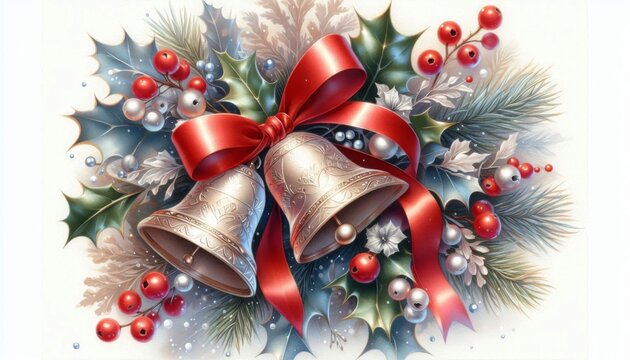 weihnachtliche glocken mit roter schleife und  gr&uuml;nem schmuck wirken festlich und warm Generative KI