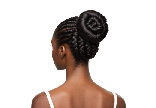 Woman with intricate cornrow braids styled in bun, isolated on a transparent background