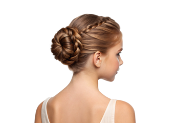 Woman with elegant braided updo hairstyle, isolated on a transparent background