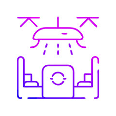 Modern hotel room with bed and shower icon