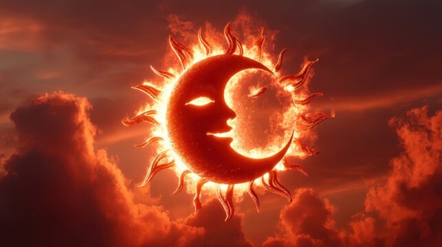 A fiery sun and crescent moon with faces merge in a dramatic sky filled with glowing red clouds at sunset. - Powered by Adobe