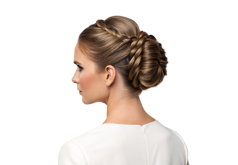 Woman with elaborate crown braid updo hairstyle, side profile view, isolated on a transparent background