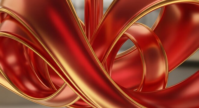 Abstract red and gold metallic ribbons intertwined in a fluid dynamic composition