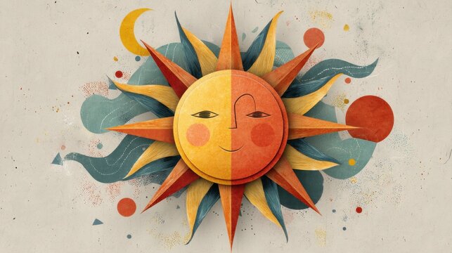 A whimsical sun with a smiling face, surrounded by colorful rays, crescent moon, and stars in a vintage-style illustration. - Powered by Adobe